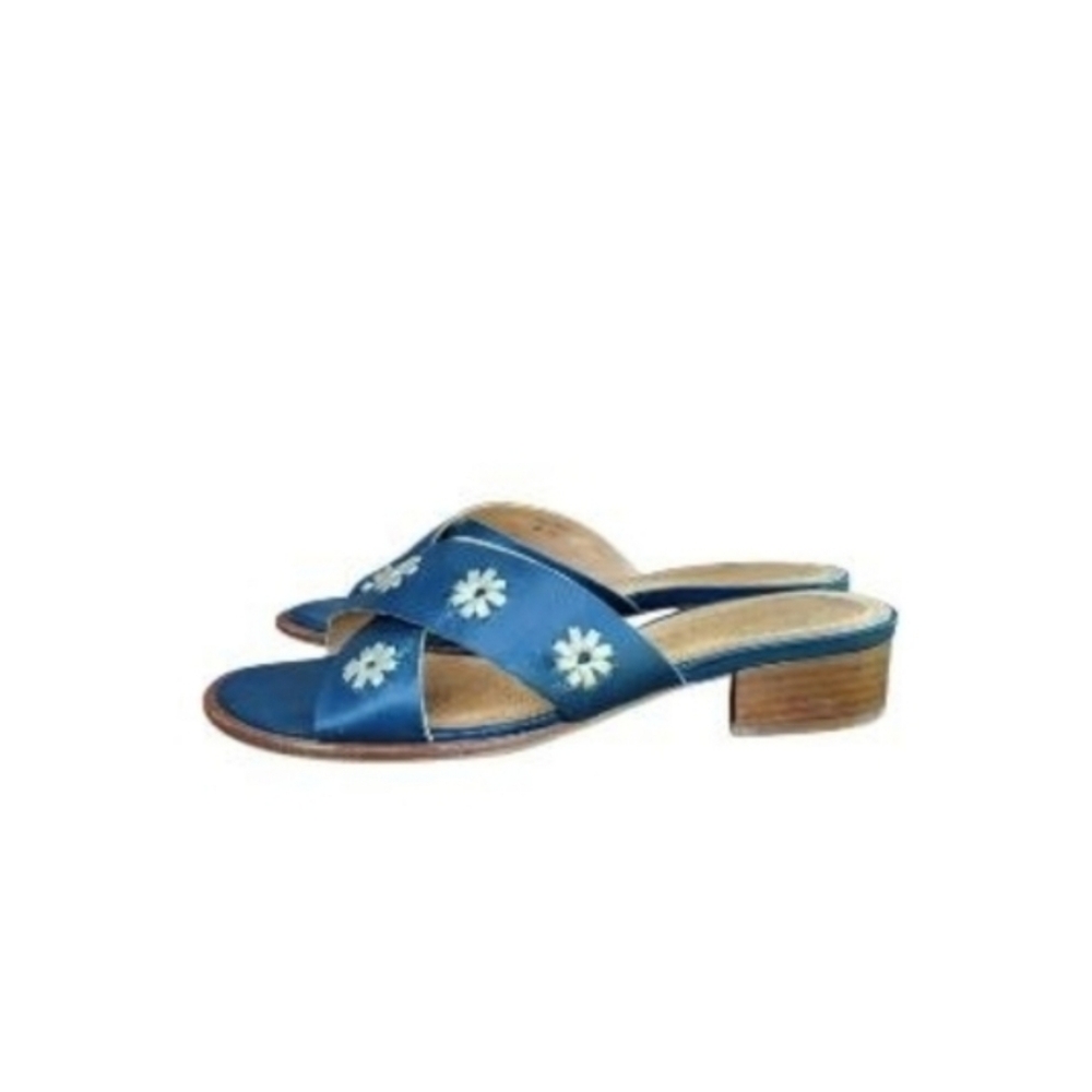 Jack Rogers Navy Blue Tan Leather Daisy Flower Slip On Slide Sandal Women Shoe 8 - Picture 2 of 10